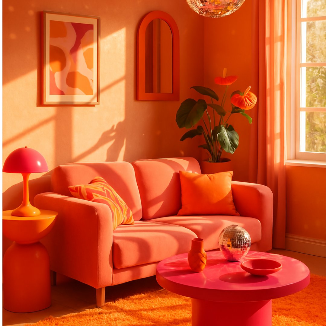 Wohnzimmer in Dopamin Dekor mit Disco Kugel, poppigen und bunten Möbel und Dekoration