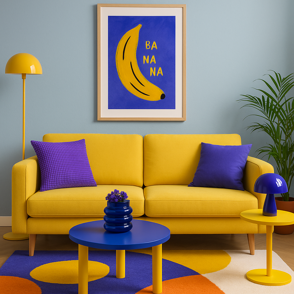 Ein Wohnzimmer in gelb und blau mit starken Kontrasten und knalligen Farben im Dopamine Decor Stil