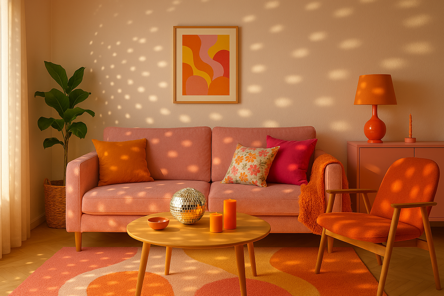 Ein modern und urban eingerichtetes Wohnzimmer mit einer Couch und viel Dekoration, Poster, Decken und Kissen in rosa und orange