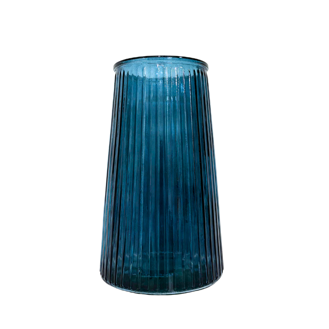 Große Glasvase mit Rillenstruktur - blau