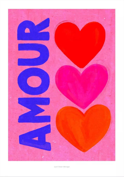 Ein rosa Poster mit Herzen und dem Schriftzug "Amour"