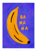 Ein Poster in gelb und blau mit einer großen Banane in der Mitte und den Worten "banana" im Pop Art Stil