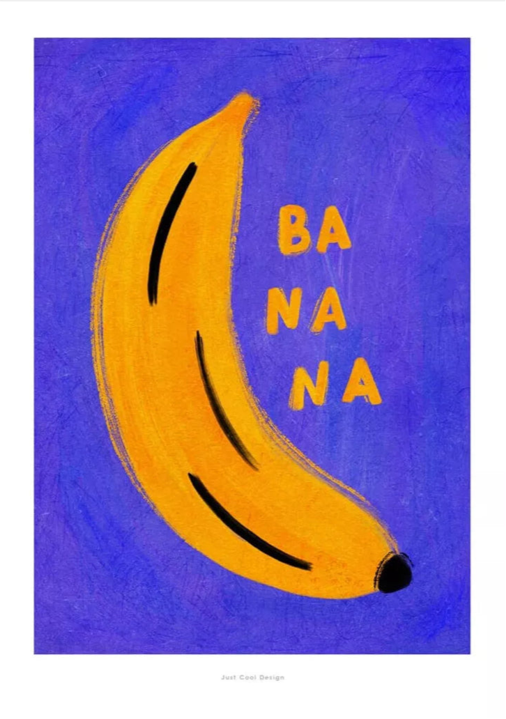 Ein Poster in gelb und blau mit einer großen Banane in der Mitte und den Worten "banana" im Pop Art Stil