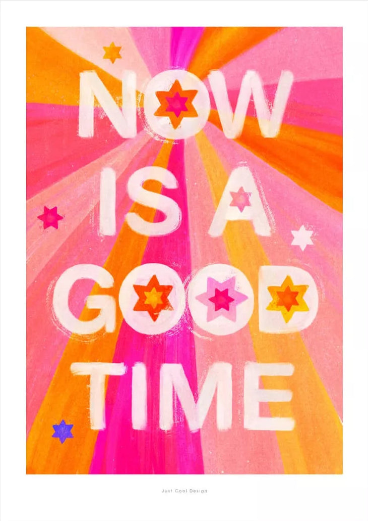 Ein Poster in gelb, pink und weiß mit strahlenden Farben und einem motivierenden Spruch für gute Laune